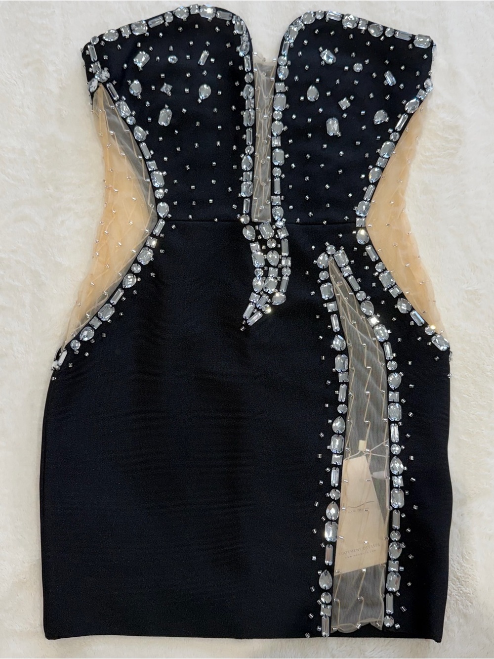 Strapless Black Embellished Cocktail Dress with Sheer Nude Insets